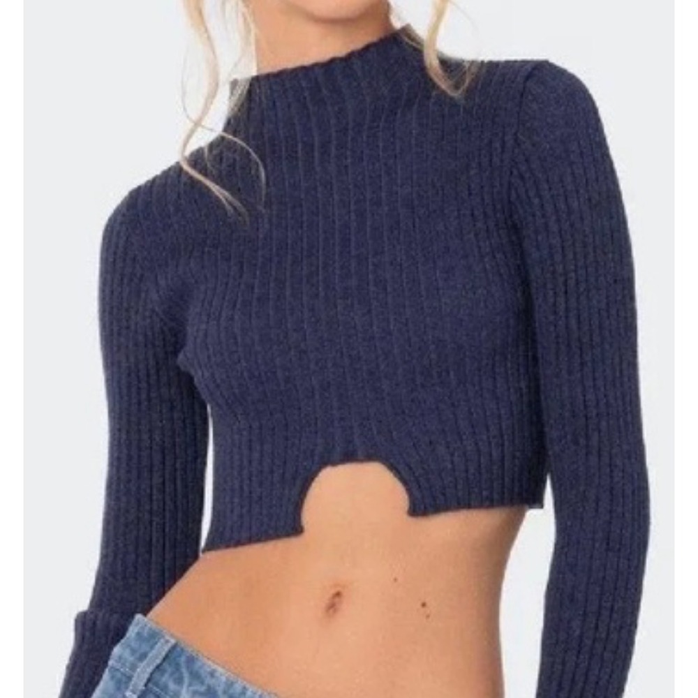 EDIKTED Dark Heather Blue CROPPED RIBBED SWEATER High Neck CUT OUT HEM sz XS/S